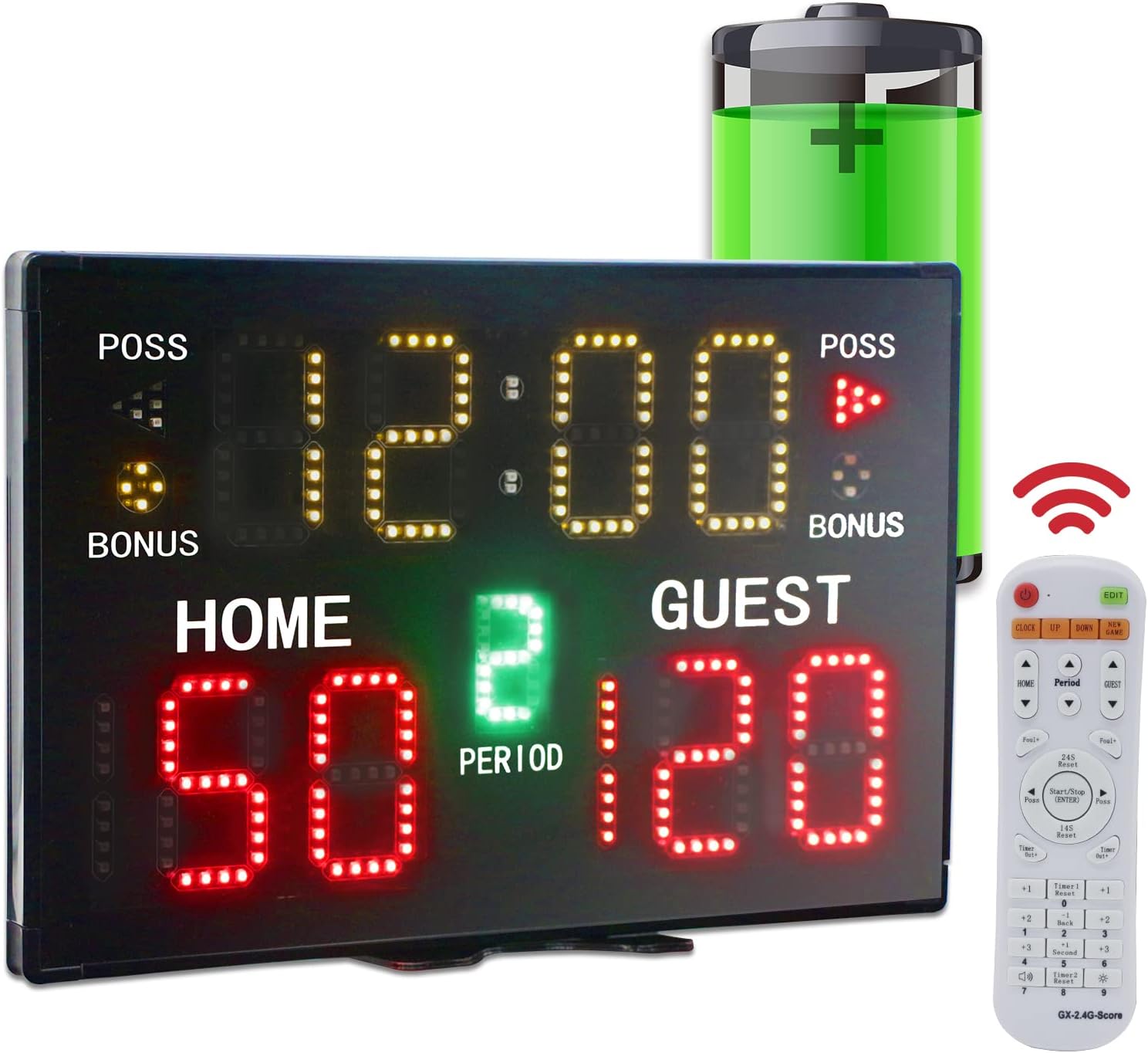 Battery Powered Electronic Basketball Scoreboard Timer Clock with Buzzer, Portable Tabletop Digital Scoreboard with Remote, Wall-Mounted Professional Score Clock 